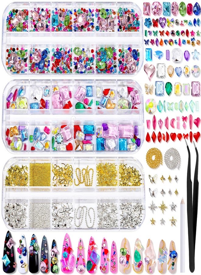 FANDAMEI Nail Gems, 3-Box Colorful Nail Rhinestones Nail Charms and Gems, 3D Rainbow Crystal Nail Diamonds Bulk, Mix-Size Flatback Gems for Nails, Gold Silver Nail Studs Beads for Nail Design - Image 1