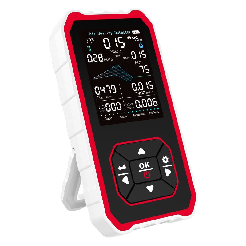 10-in-1 Portable Indoor Air Analyzer with Stand Real-Time Test AQI CO2 CO PM2.5 PM1.0 PM10 TVOC HCHO Temperature Humidity with Alert White-Red - Image 1