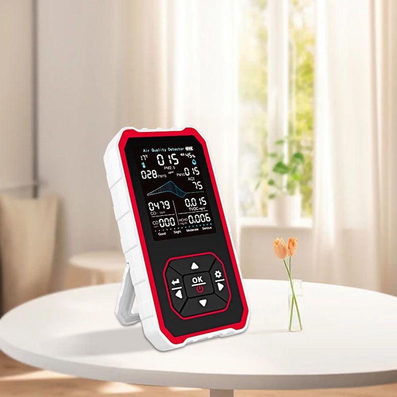10-in-1 Portable Indoor Air Analyzer with Stand Real-Time Test AQI CO2 CO PM2.5 PM1.0 PM10 TVOC HCHO Temperature Humidity with Alert White-Red - Image 2