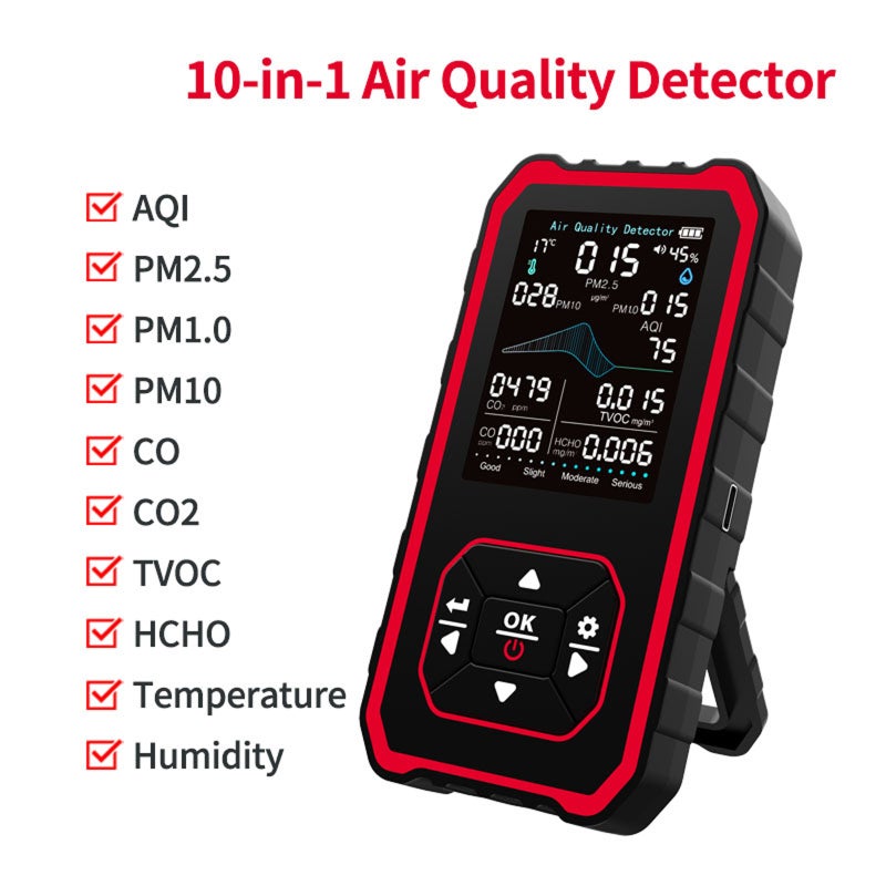10-in-1 Portable Indoor Air Analyzer with Stand Real-Time Test AQI CO2 CO PM2.5 PM1.0 PM10 TVOC HCHO Temperature Humidity with Alert White-Red - Image 3