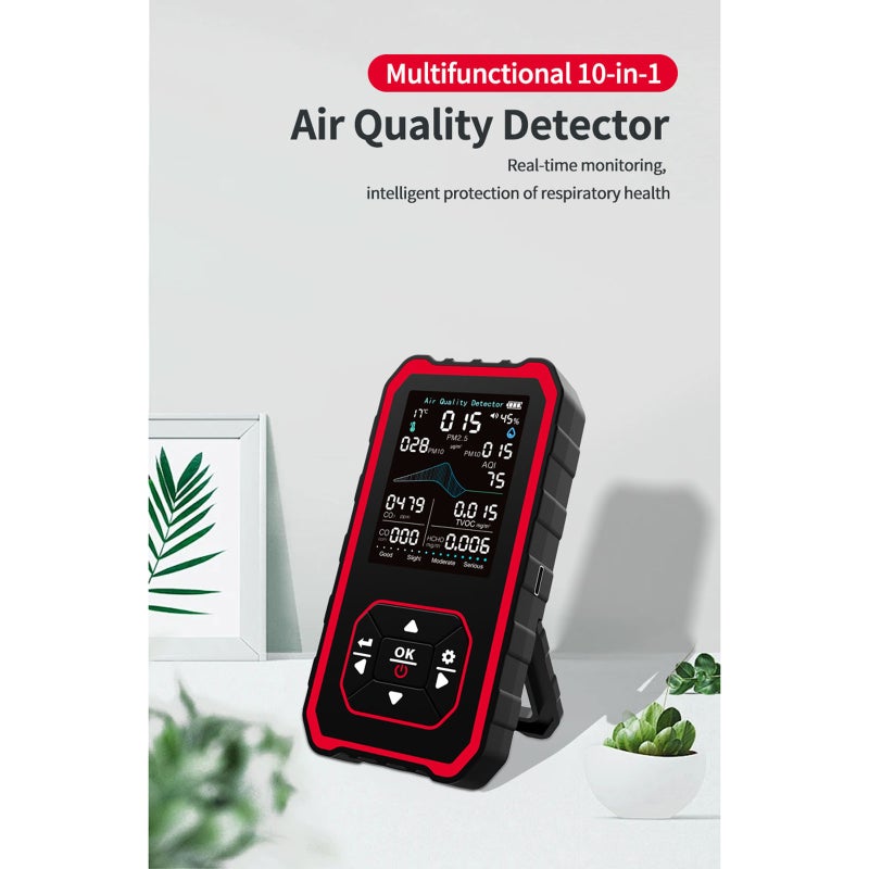 10-in-1 Portable Indoor Air Analyzer with Stand Real-Time Test AQI CO2 CO PM2.5 PM1.0 PM10 TVOC HCHO Temperature Humidity with Alert White-Red - Image 4