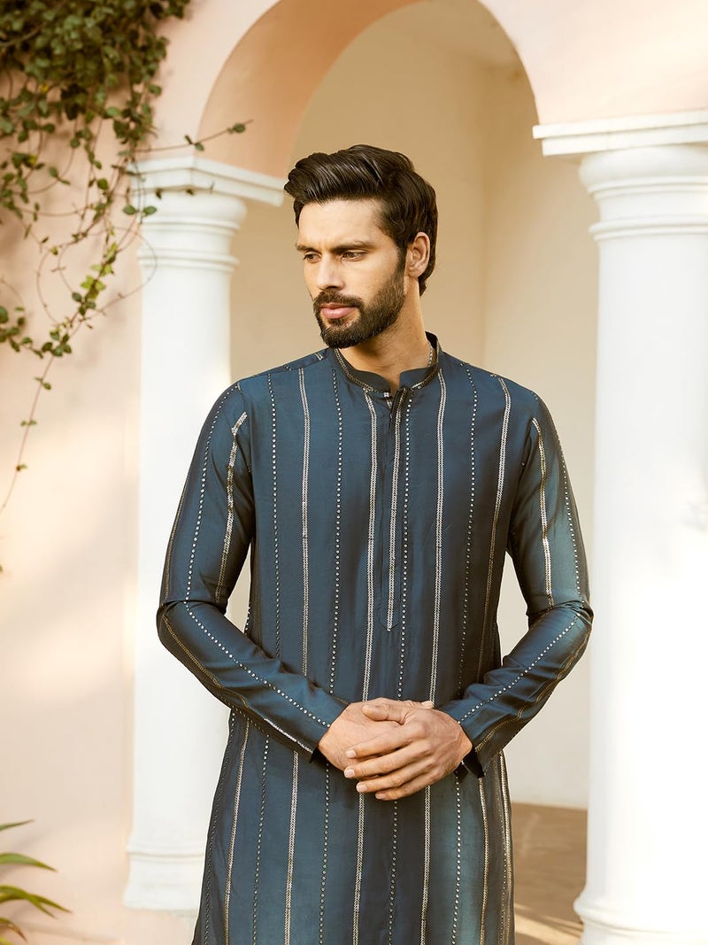 See Designs Men Full Sleeve Teal And Gold Chanderi Silk Sequins Mandarin Collar Side Slit Kurta With Pyjama - SD2KT_242801XS - Image 3