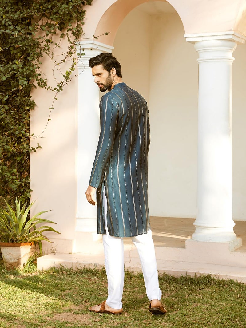 See Designs Men Full Sleeve Teal And Gold Chanderi Silk Sequins Mandarin Collar Side Slit Kurta With Pyjama - SD2KT_242801XS - Image 5
