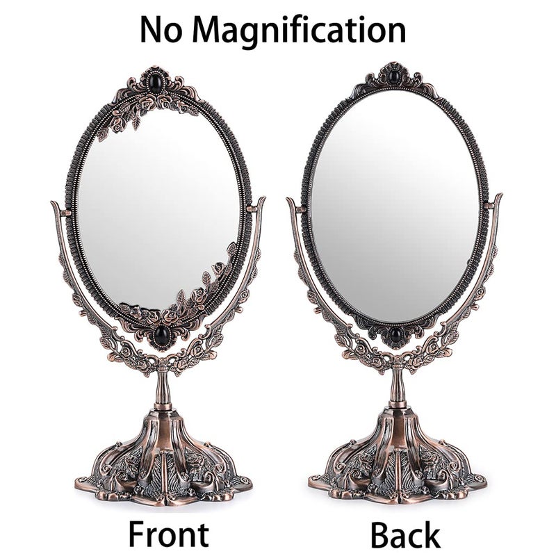 Juxyes Metal Tabletop Antique Decorative Makeup Mirror With Stand  Vintage Swivel Double Sided Cosmetic Mirror With Frame  Retro Desktop Oval Dressing Mirror For Bathroom Bedroom - Image 3
