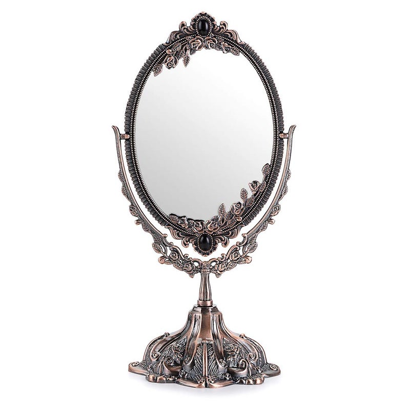 Juxyes Metal Tabletop Antique Decorative Makeup Mirror With Stand  Vintage Swivel Double Sided Cosmetic Mirror With Frame  Retro Desktop Oval Dressing Mirror For Bathroom Bedroom - Image 1