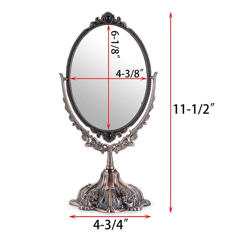 Juxyes Metal Tabletop Antique Decorative Makeup Mirror With Stand  Vintage Swivel Double Sided Cosmetic Mirror With Frame  Retro Desktop Oval Dressing Mirror For Bathroom Bedroom - Image 2