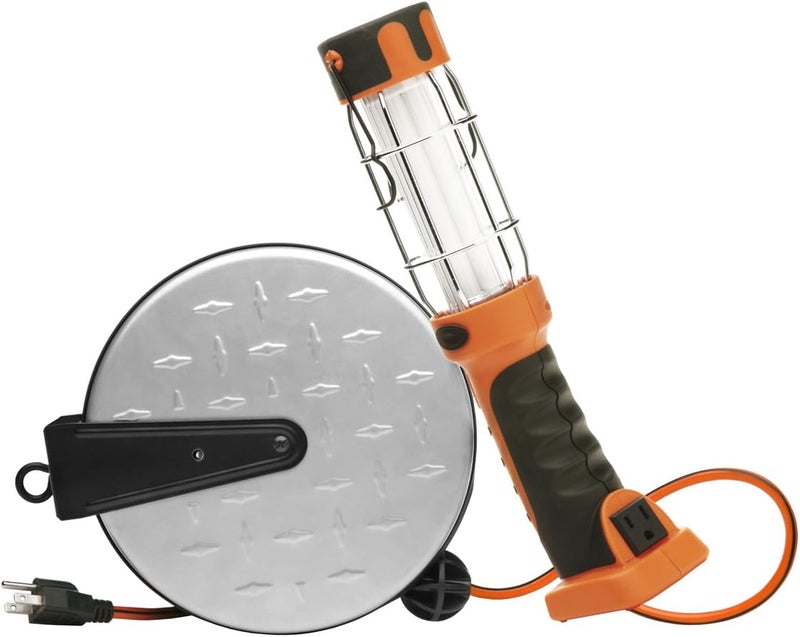 Woods Extension Cord Reel with Trouble Light 30Ft 16 Gauge 3 Conductor 13Watt Fluorescent Light Orange E318 - Image 1