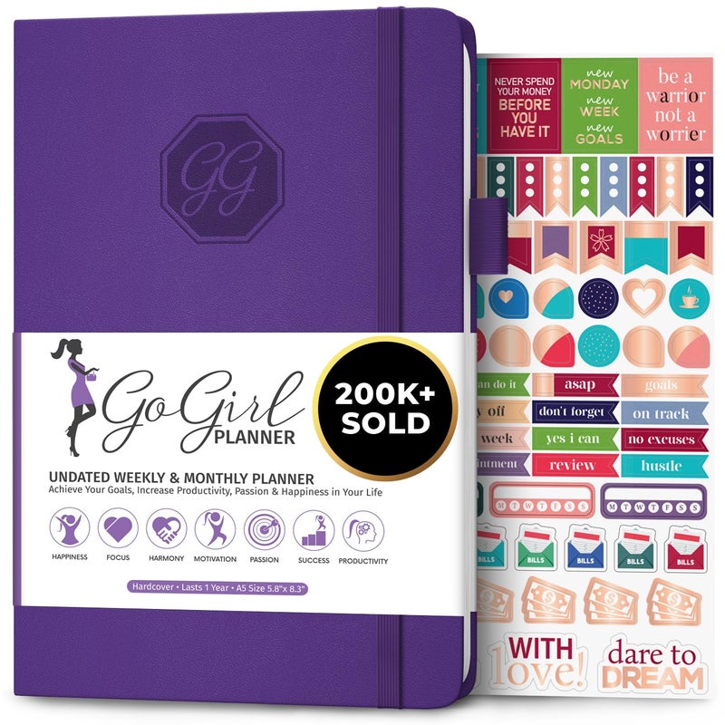 GoGirl Planner and Organizer for Women A5 Size Weekly Planner Goals Journal Agenda to Improve Time Management Productivity Live Happier Undated Start Anytime Lasts 1 Year Purple
