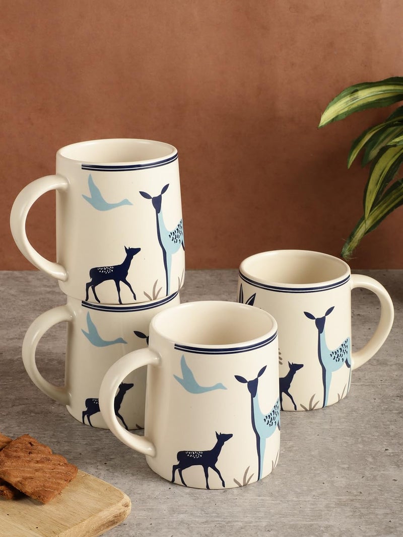 miah decor Ceramic Tea Coffee Cups Set of 4 Matte Printed Small Chai Mug Set of 4 Drinkware Microwave Safe for Home & Restaurant-350 ml-Color- Cream Blue - Image 1
