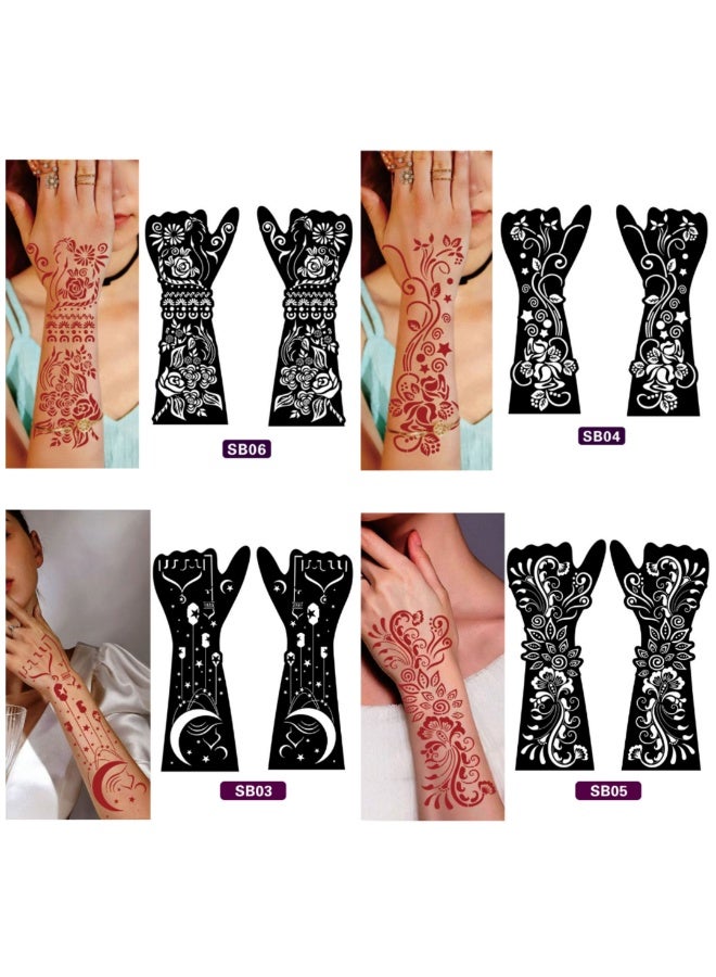 4 Pairs Henna Tattoo Stencils – Multiple Design Hollow Spray Painting Templates for Body Art, Hand & Arm Decoration - Image 1