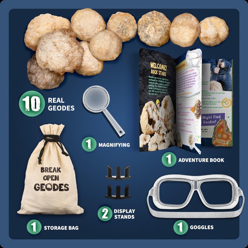 XX Break Open 10 Premium Geodes with Crystals â€“ Great STEM Science Gift for Mineralogy & Geology Enthusiasts of Boys and Girls for Any Age - Includes Goggles, Learning Guide & 2 Display Stands - Image 4
