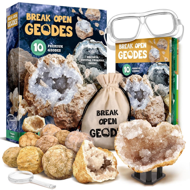 XX Break Open 10 Premium Geodes with Crystals â€“ Great STEM Science Gift for Mineralogy & Geology Enthusiasts of Boys and Girls for Any Age - Includes Goggles, Learning Guide & 2 Display Stands - Image 1