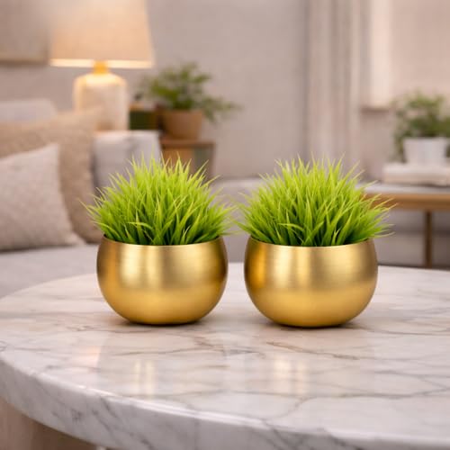 Akaar Decor's Metal Moon Design Vase with Golden Finish with Artificial Hydrangea Flowers | Plants | Table Decorative Flower Pot | Vase with Flowers (AK_Metal_Pot_Fern_2) - Image 1