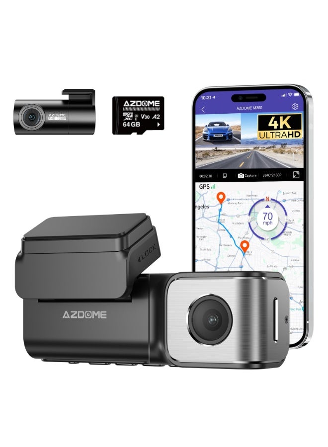 أزدوم كاميرا سيارة M360 أمامية 4K وخلفية 2.5K مزدوجة بعدسة عريضة مع اتصال WiFi 5G فائق السرعة ومكثف فائق (Super Capacitor) ونظام ADAS وBDS وتحكم صوتي وشاشة 3.59 بوصة TFT وشريحة SA230D ومستشعر GC4653 ورؤية ليلية وتسجيل حلقي ومستشعر تصادم – أسود - Image 1