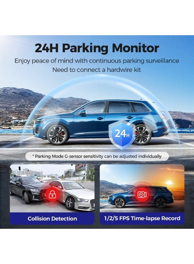 أزدوم كاميرا سيارة M360 أمامية 4K وخلفية 2.5K مزدوجة بعدسة عريضة مع اتصال WiFi 5G فائق السرعة ومكثف فائق (Super Capacitor) ونظام ADAS وBDS وتحكم صوتي وشاشة 3.59 بوصة TFT وشريحة SA230D ومستشعر GC4653 ورؤية ليلية وتسجيل حلقي ومستشعر تصادم – أسود - Image 3