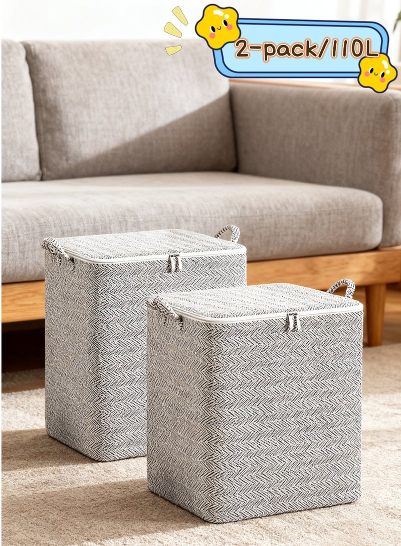 2 PCS Large Capacity Clothes Storage Bags with Zips, Portable Non Woven Closet Organizer Foldable Storage Containers for Comforters Blankets Bedding Wardrobe Storage (110L) - Image 1