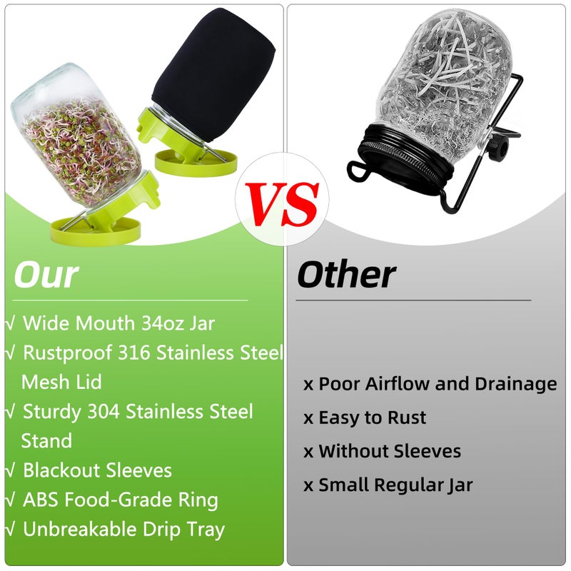 Sozize Sprouting Kit Sprouts Growing Kit 34oz Wide Mouth Seed Sprouting Jar Germination Kit 304 Stainless Screen Lid and Stand Blackout Sleeve Tray for Growing Bean Alfalfa Sprout Seeds - Image 4
