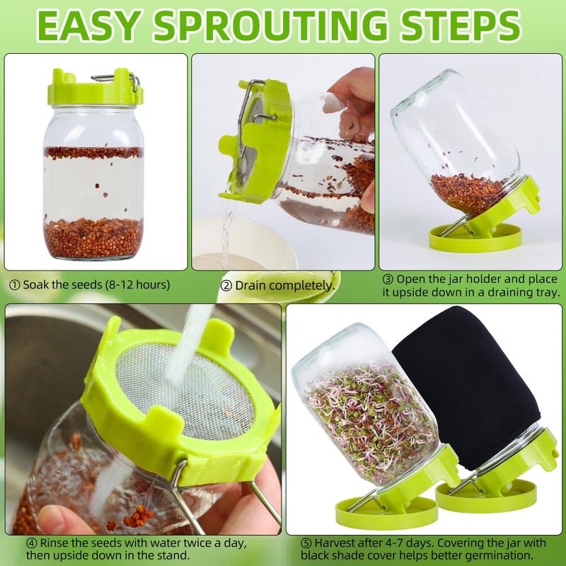 Sozize Sprouting Kit Sprouts Growing Kit 34oz Wide Mouth Seed Sprouting Jar Germination Kit 304 Stainless Screen Lid and Stand Blackout Sleeve Tray for Growing Bean Alfalfa Sprout Seeds - Image 2