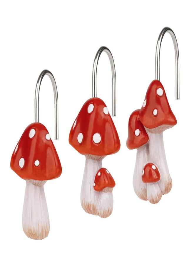 Sunlit Mushroom Decorative Shower Curtain Hooks, Cute Shower Curtain Rings for Bathroom, Resin, Cottage Decor Shower Curtain Hanger Hooks for Kids, Set of 12, Red - Image 1