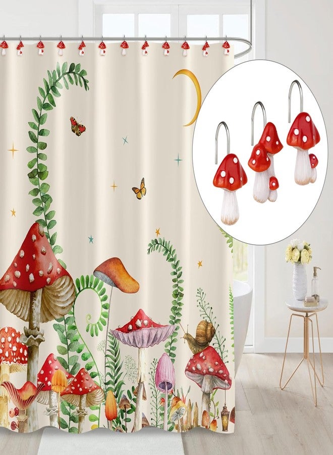 Sunlit Mushroom Decorative Shower Curtain Hooks, Cute Shower Curtain Rings for Bathroom, Resin, Cottage Decor Shower Curtain Hanger Hooks for Kids, Set of 12, Red - Image 2