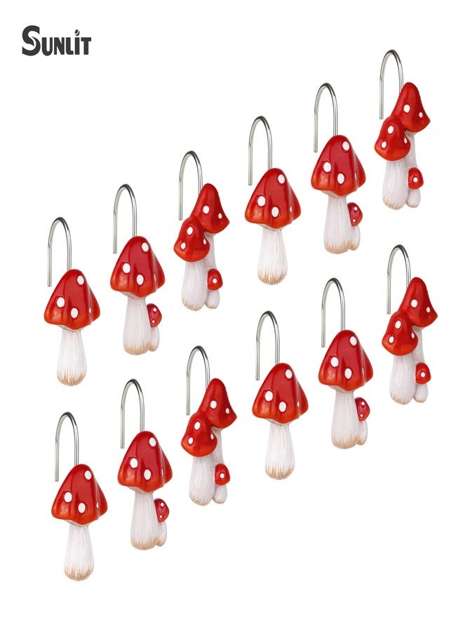 Sunlit Mushroom Decorative Shower Curtain Hooks, Cute Shower Curtain Rings for Bathroom, Resin, Cottage Decor Shower Curtain Hanger Hooks for Kids, Set of 12, Red - Image 4