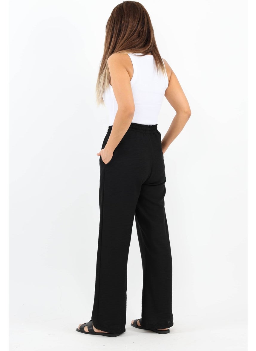 Ritnice - Women's Linen Comfy Black Straight Cut Elastic Waist Trousers - Image 1