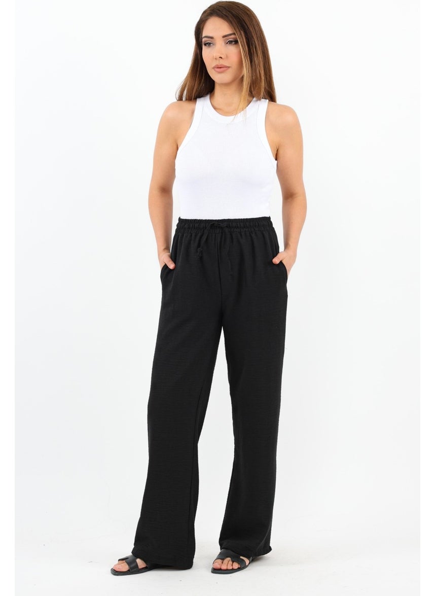 Ritnice - Women's Linen Comfy Black Straight Cut Elastic Waist Trousers - Image 1