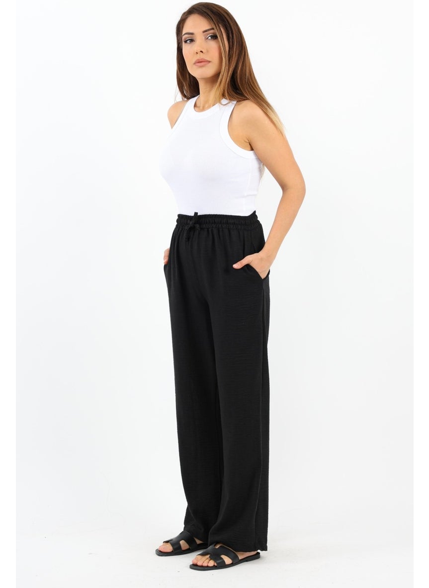 Ritnice - Women's Linen Comfy Black Straight Cut Elastic Waist Trousers - Image 1
