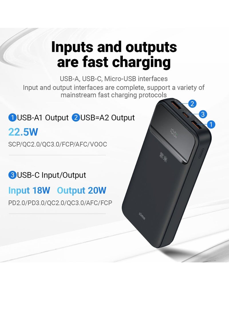 zime باور بانك زيم B225، 10,000 مللي أمبير 22.5 واط كحد أقصى شاحن محمول سريع، 1 USB-C، 2 USB-A، حزمة بطارية لهواتف آيفون 16/15/14/13 وسلسلة جالاكسي والمزيد - Image 3