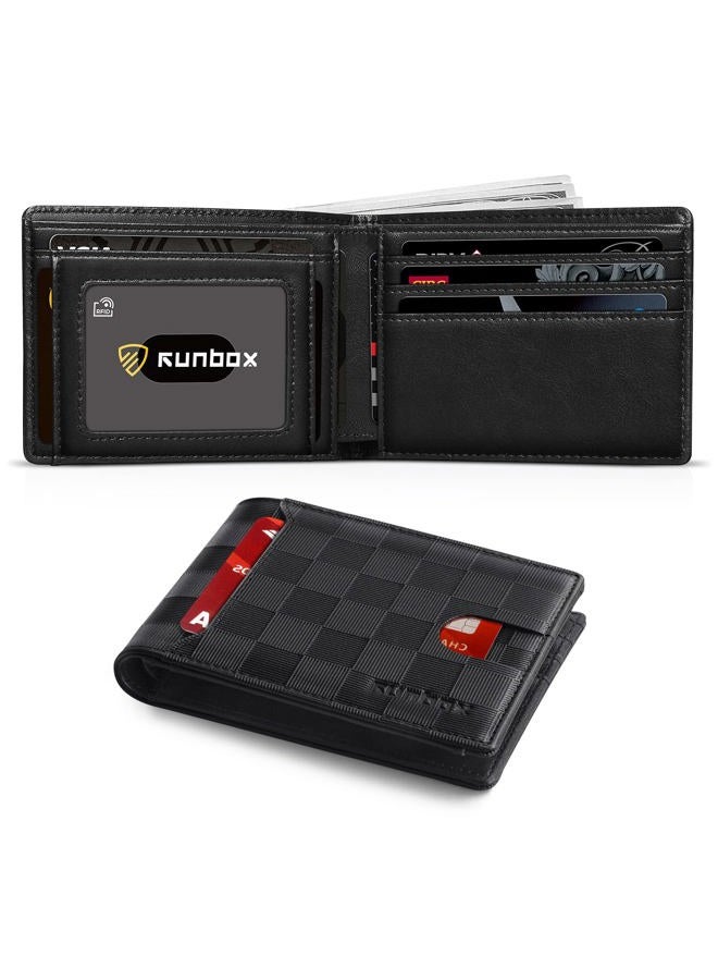 RUNBOX Slim Wallet for Men Bifold Minimalist Leather RFID Blocking with Gift Box Carbon Black and Plaid, carbon black& plaid, small, Minimalist - Image 1
