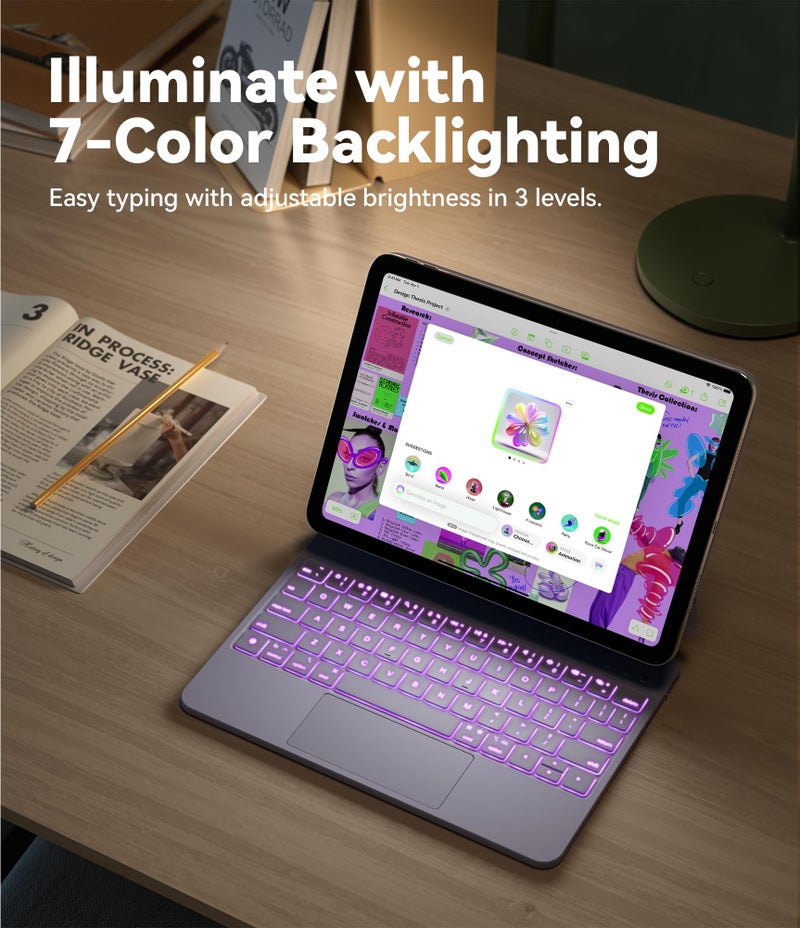 GreenLaw for iPad 11th(A16,2025)/10th(2022) Generation Case with Keyboard, Magic-Style Keyboard Stand, 7 Color Backlit, Stain-Resistant Surface, Multi-Touch Trackpad, Light Purple - Image 4