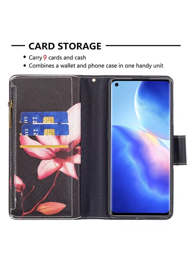 HuHa Case Cover For OPPO Reno5 Pro 5G Colored Drawing Pattern Zipper Horizontal Flip Leather Case with Holder & Card Slots & Wallet(Lotus)  - Image 5