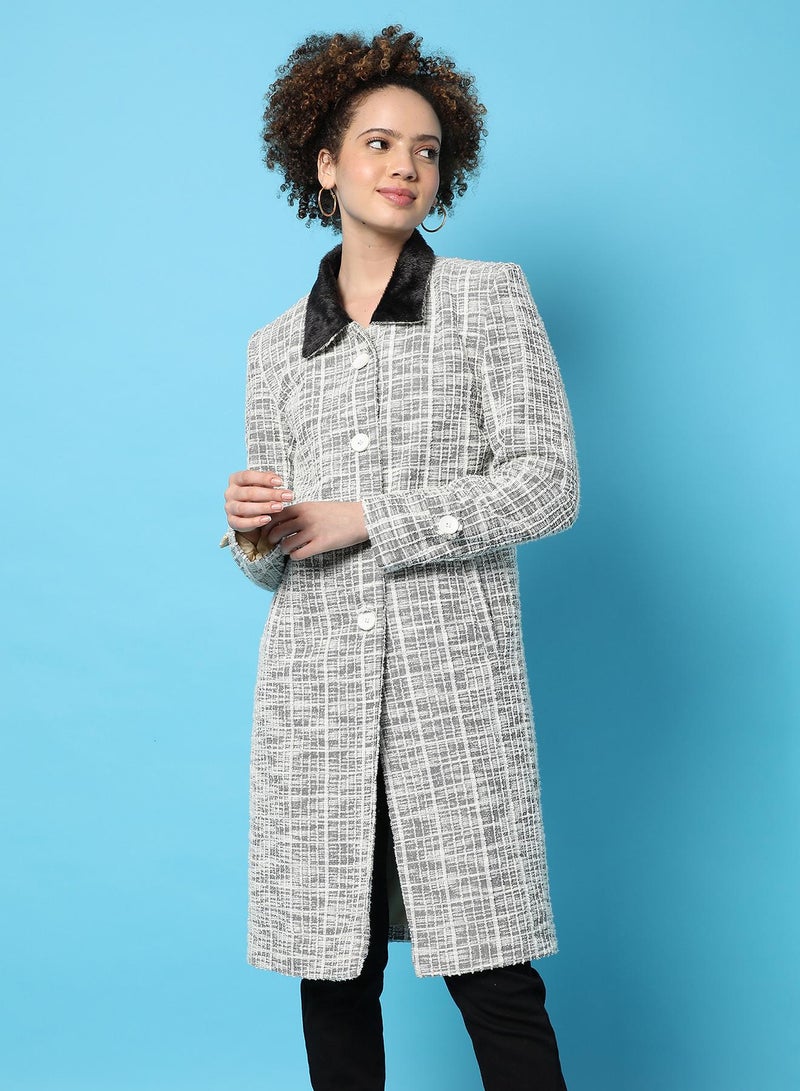 PINACOLADA Women's Midnight Black & Cloud White Check-Jacquard Long Coat - Image 2