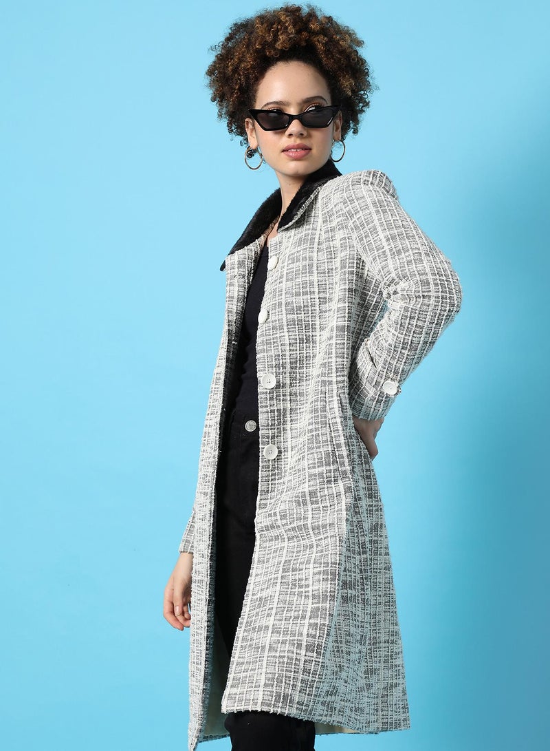 PINACOLADA Women's Midnight Black & Cloud White Check-Jacquard Long Coat - Image 1