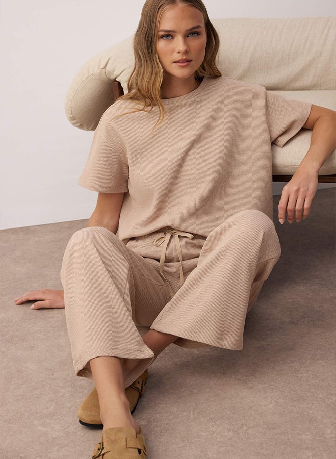 trendyol Beige Waist Tie Detailed Waffle Knit Pajama Set - Image 2