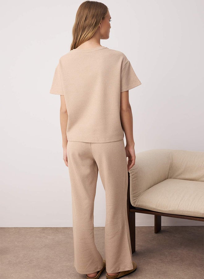 trendyol Beige Waist Tie Detailed Waffle Knit Pajama Set - Image 4