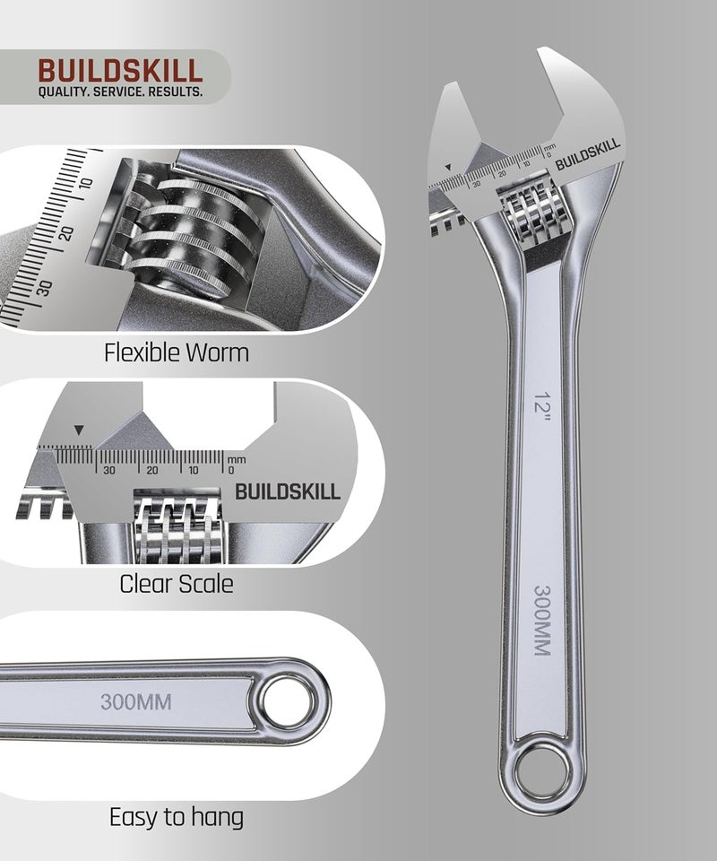 BUILDSKILL مفتاح ربط قابل للتعديل 12" 300 مم | فولاذ كروم فانيوم | للاستخدام المهني والمنزلي | جانب واحد | أدوات السباكة المقاومة للصدأ | مفتاح قابل للتعديل مع مقياس ليزر (ضمان 6 أشهر) - Image 4