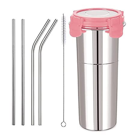 KIDINGTON Stainless Steel Straws and Cleaning Brush with Stainless Steel Lid Stainless Steel Fusion Glass Tumbler600 ML with Straw - Image 1