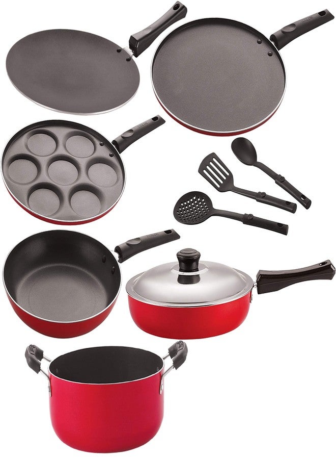 Nirlon Kitchen Accessories for Cooking Non Stick Aluminium 9 Pieces cookware Set, Red [2.6mm_CT_FP13_TP_UP_Cass20_ST11_3SPN] - Image 1