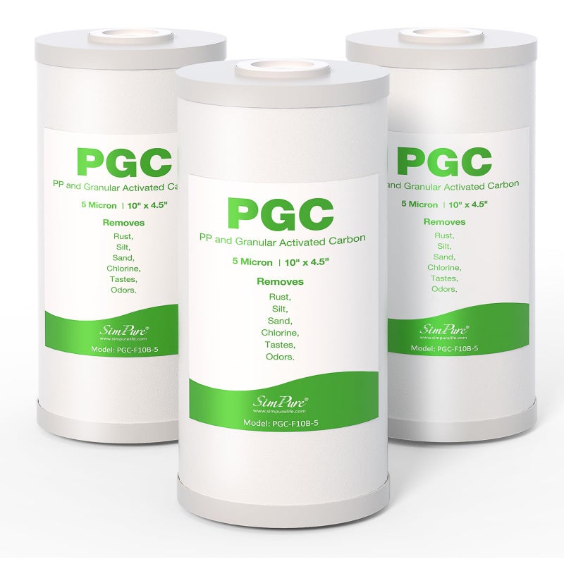 SimPure 5 Micron 10" x 4.5" Sediment and Carbon Whole House Water Filters, PGC Replacement Cartridge for GE FXHTC, GXWH40L, RFC-BB / 155141-43, WRC25HD, WDGD-5005, W10-PR, W15-PR, 3 Pack - Image 1