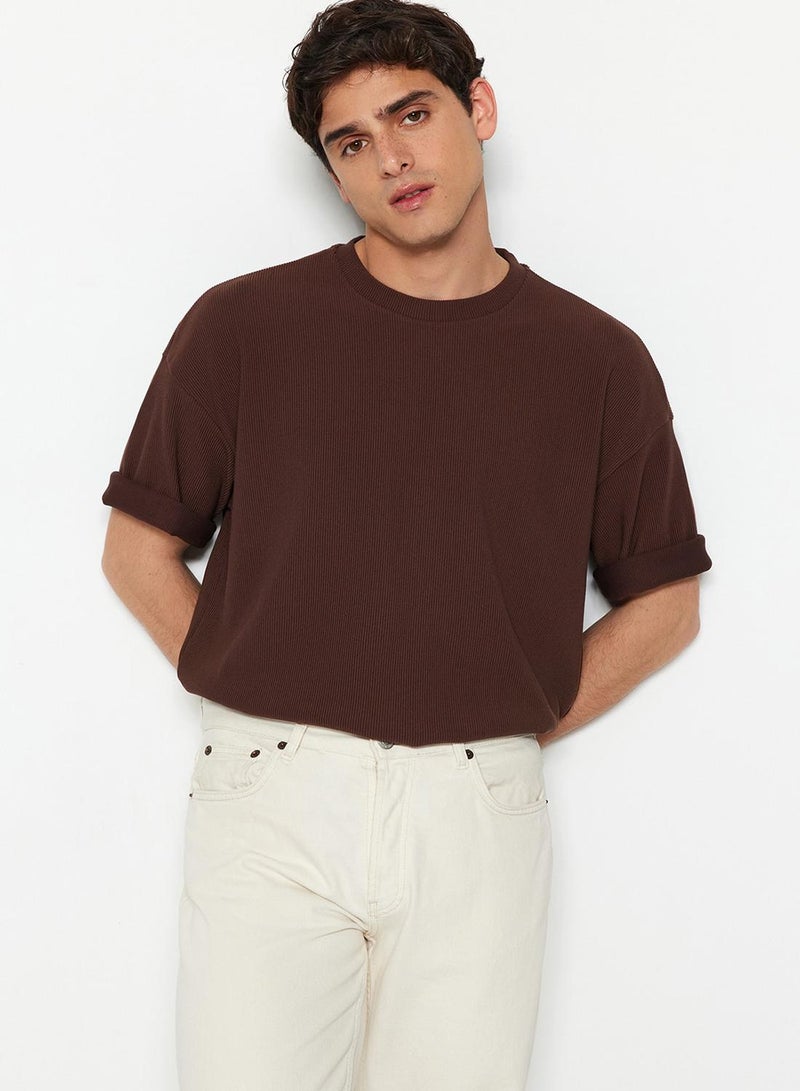 trendyol Brown Premium Oversize/Wide Cut Textured Ottoman T-Shirt - Image 5