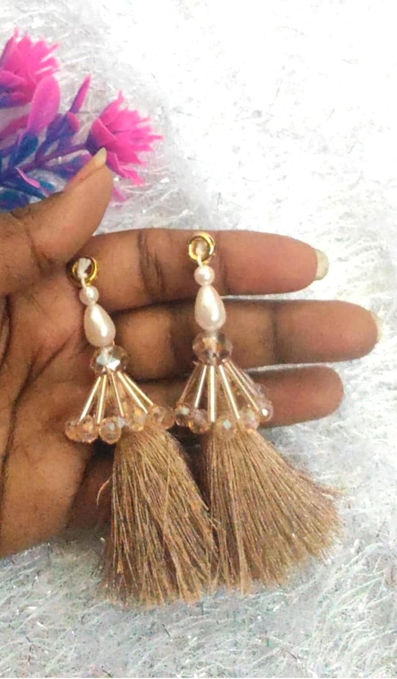 Designer Elegant Tassels for Blouse DORINew DORI LATKANElegant Handmade Blouse Hanging Tassel PEAR Tassels Set Pack of 2 7 Long Beige - Image 2