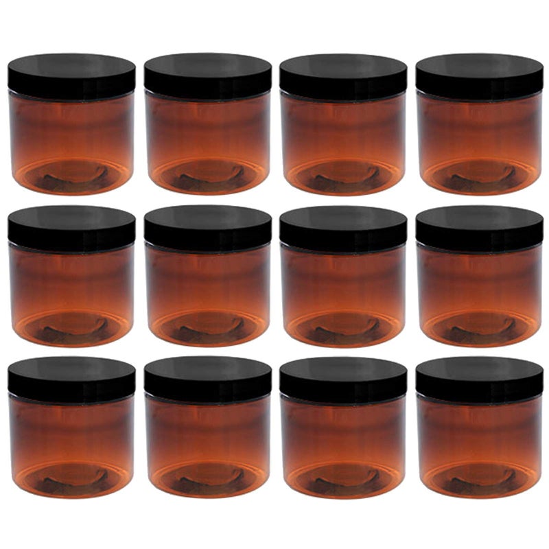 Aromine 2oz Amber Jars with Lid, 12 Pack, Round PET Plastic Jar Container with Blank Labels (BPA Free) â€¦â€¦