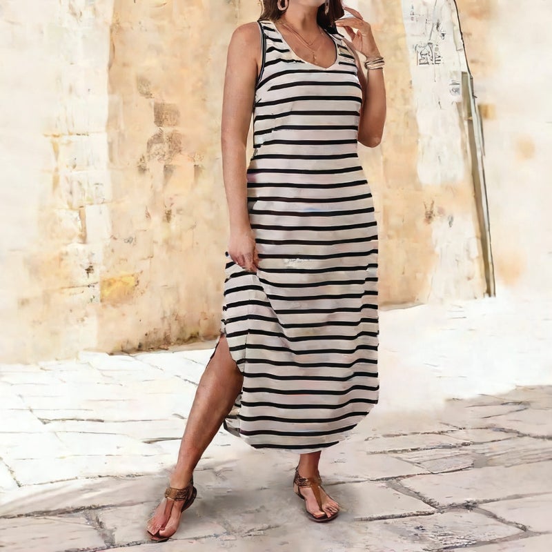 Striped Sleeveless Dress Fashionable Beach Dress - Image 3