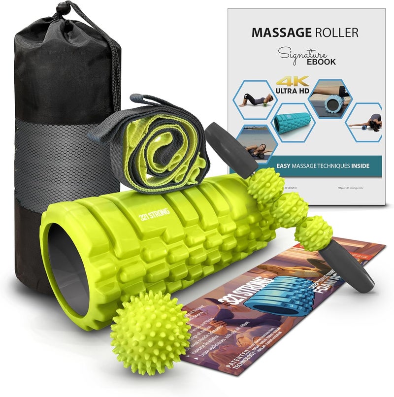 321 STRONG 5 in 1 Foam Roller Set with Hollow Core Deep Tissue Massager, Muscle Roller Stick, Stretching Strap, Spikey Plantar Fasciitis Ball, and Carry Bag, with 4K eBook - Image 1