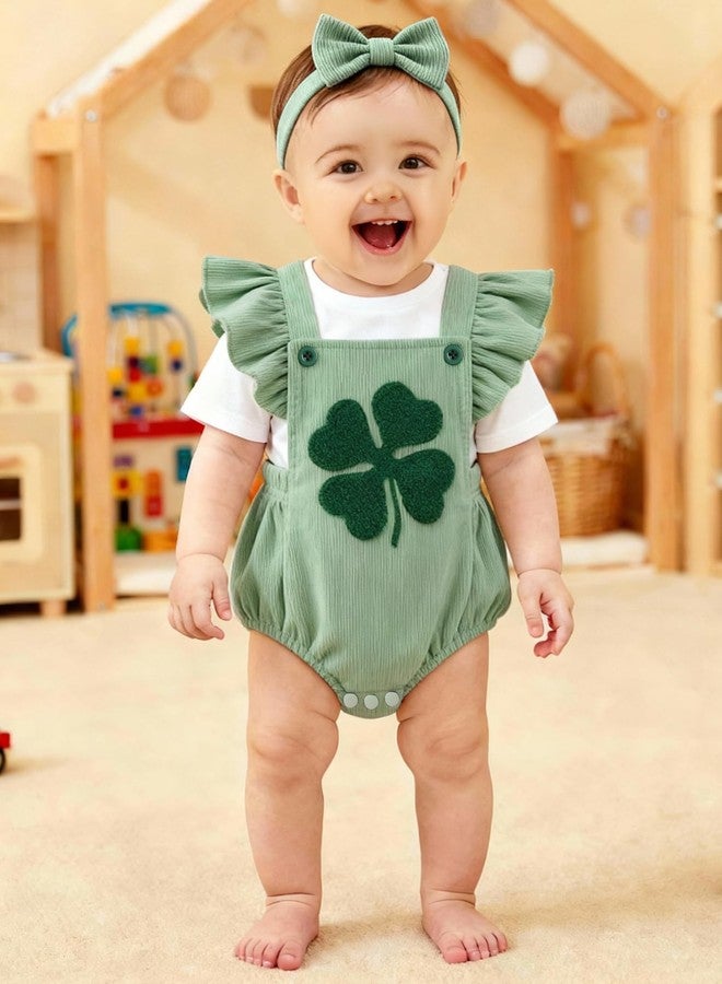 GEMLON Baby Girl St Patricks Day Clothes Irish Embroidery Overalls Romper Corduroy Sleeveless Bodysuit Infant Summer Outfit（Green, 6-12 Months - Image 2