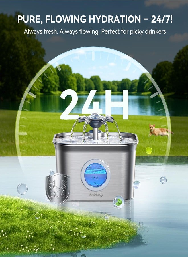 FEELNEEDY Stainless Steel Cat Water Fountain, 99oz/2.8L Auto Pet Drinking Fountain with 20dB Ultra-Quiet Pump- Ideal for Timid Pets, LED Water Level Window, Dishwasher Safe, 24/7 Circulating Flow - FEELNEEDY - Image 2