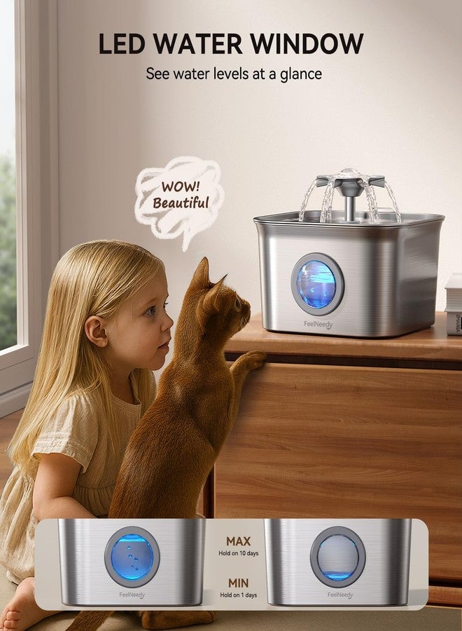 FEELNEEDY Stainless Steel Cat Water Fountain, 99oz/2.8L Auto Pet Drinking Fountain with 20dB Ultra-Quiet Pump- Ideal for Timid Pets, LED Water Level Window, Dishwasher Safe, 24/7 Circulating Flow - FEELNEEDY - Image 5