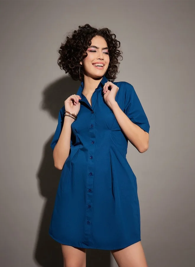 ساسافراس Navy Blue Shirt Collar Smocked Detail Cotton Dress for Women