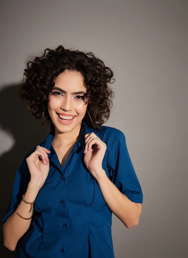 ساسافراس Navy Blue Shirt Collar Smocked Detail Cotton Dress for Women